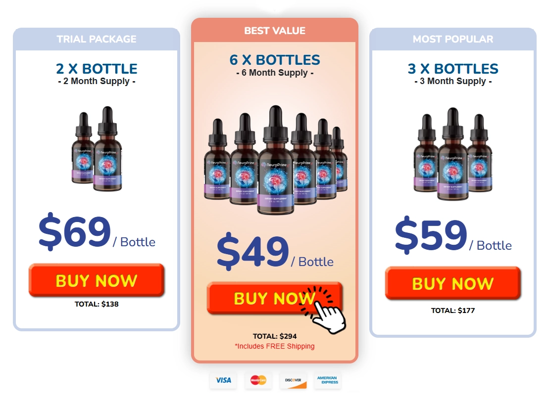 NeuroPrime™ XT pricing packages showing 2, 3, and 6 bottle options